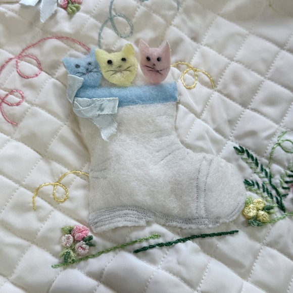 Vintage Mid Century Stroller baby blanket, felted cats appliqués - Picture 3 of 9